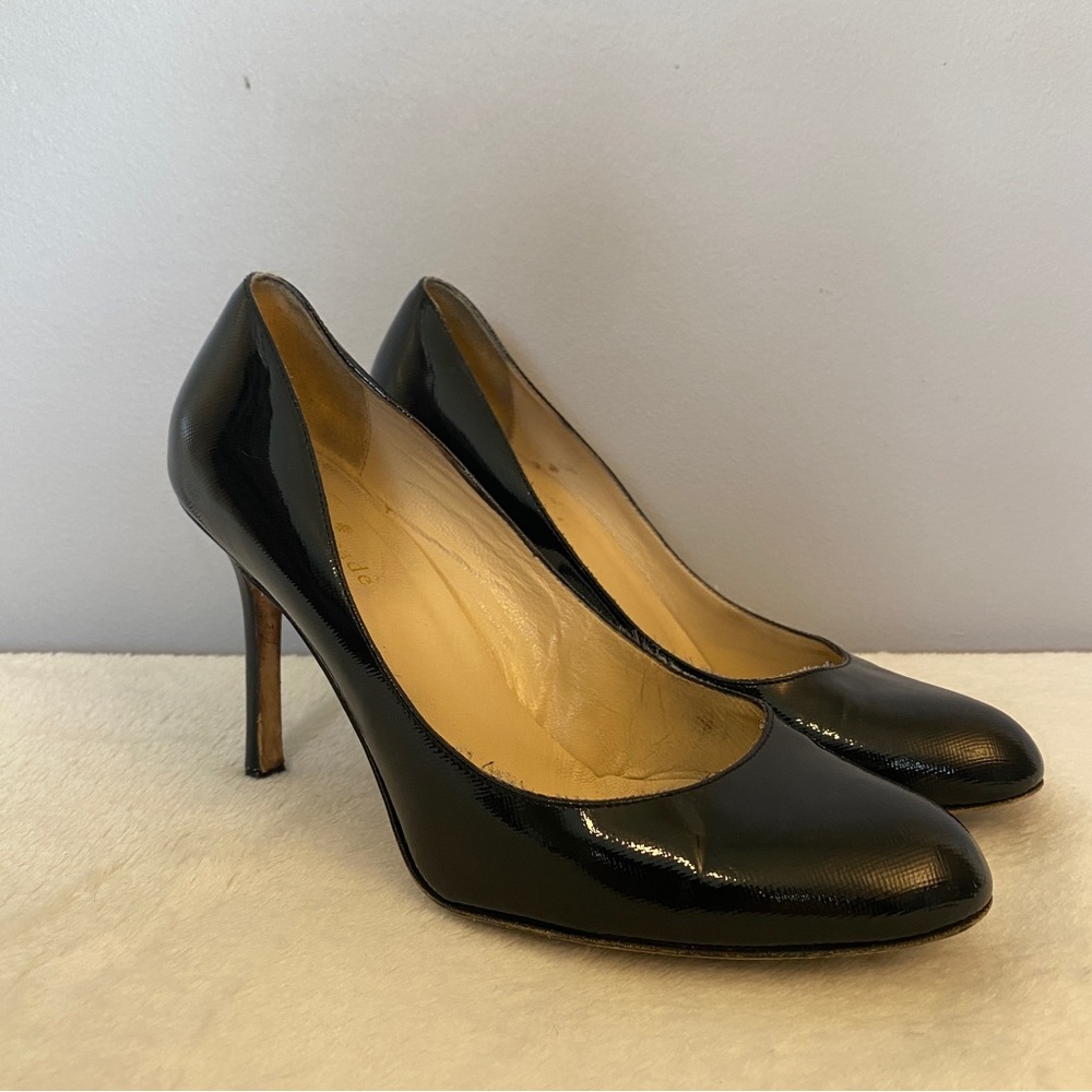 Kate Spade Italian Giselle Oxford Black Patent Leather Round Toe Pumps Heels